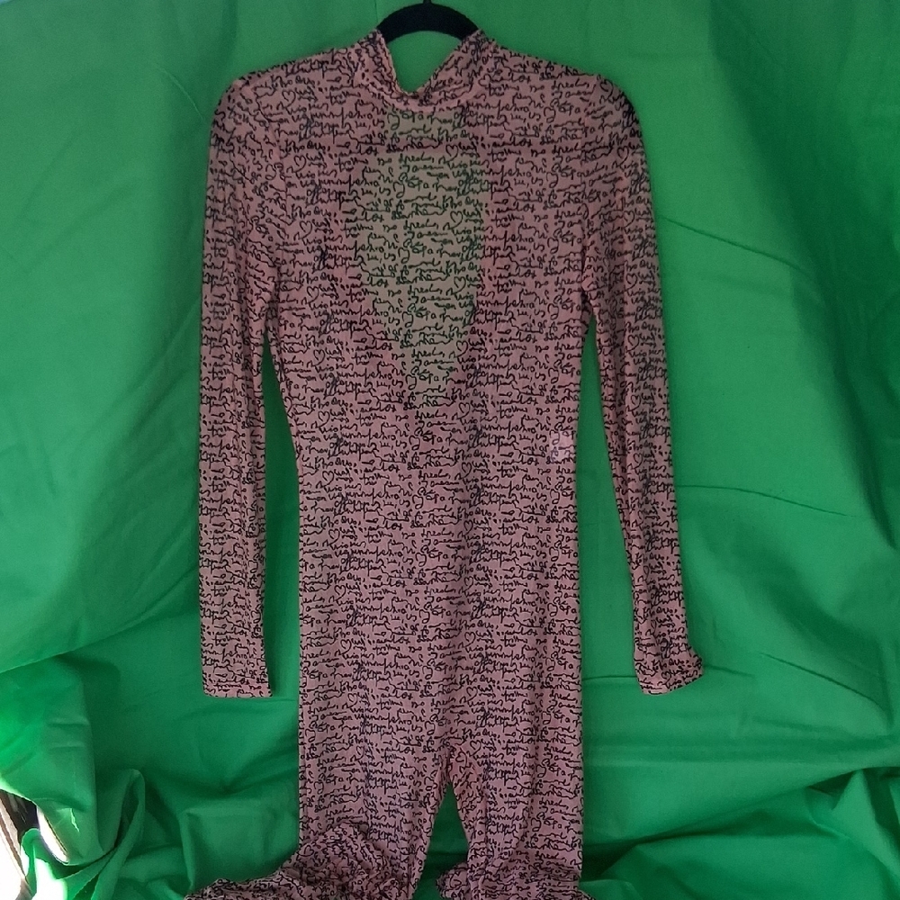 Women's Pink Script-Print Long-Sleeve Jumpsuit